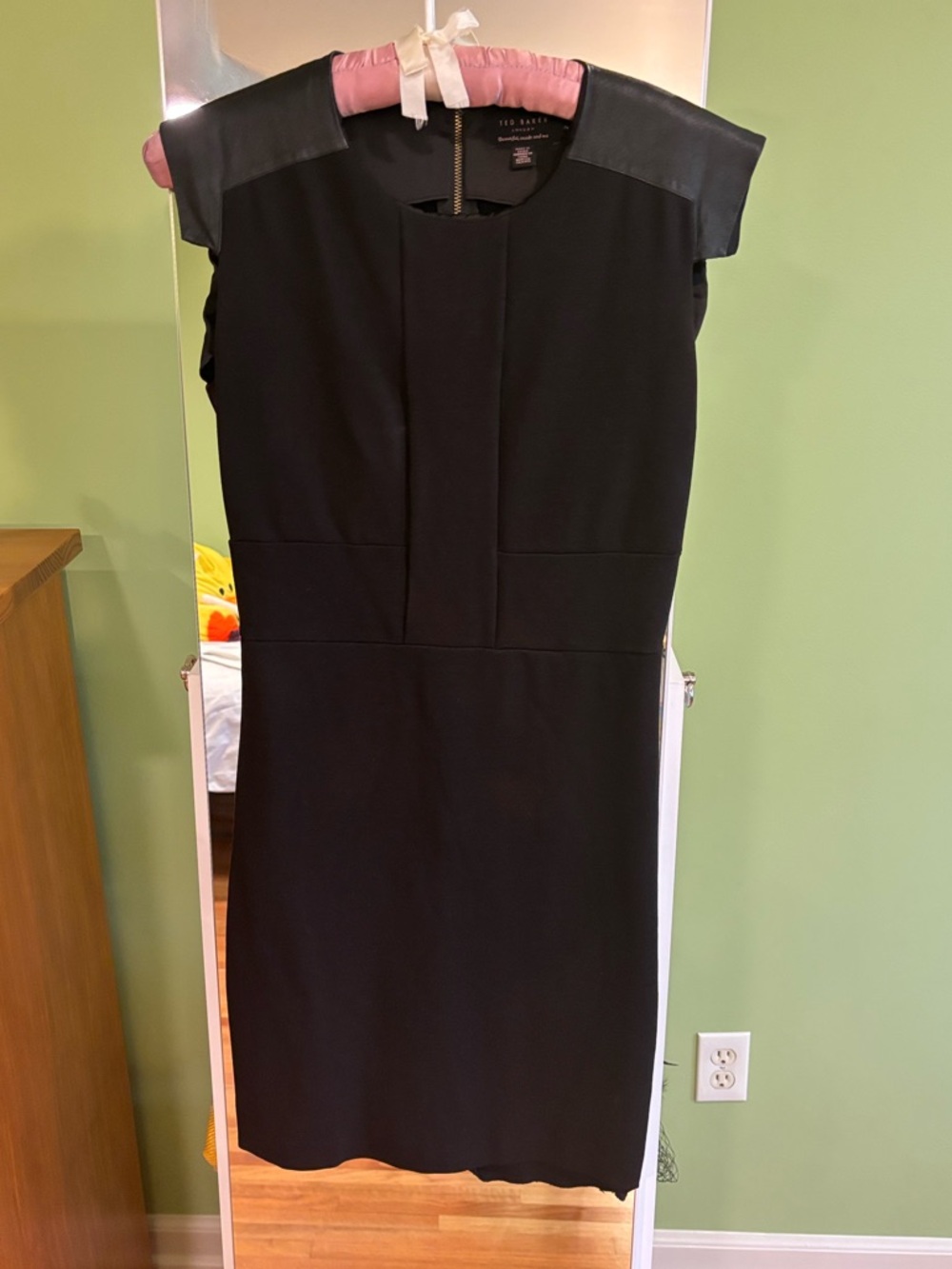 TED BAKER Black Cap-Sleeve Shift Dress with Leather Shoulders